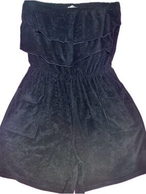 Black Strapless Terry Ruffle Romper